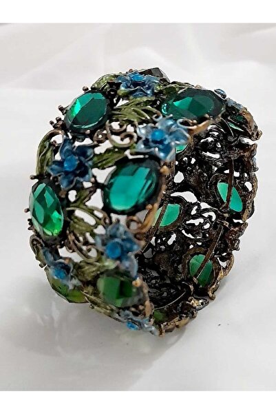 ella'nın çarşısı Etnik Desen Eskitme Metal Renkli Taşlı Kelepçe Bileklik. Kal...