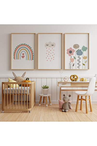 POSTER Bohem çocuk bebek odası poster seti, 3lü gökkuşağı poster seti