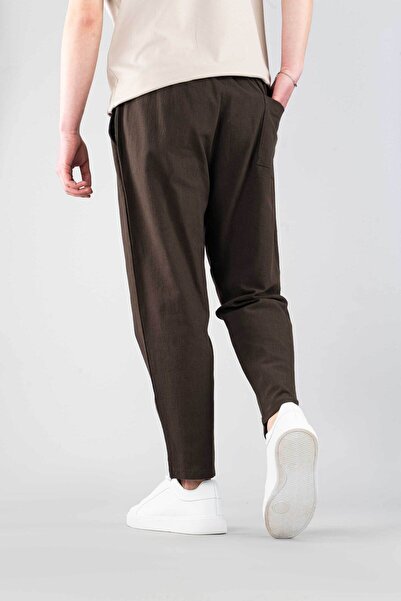 bombe Men's Jogger Linen Pants Elastic Waist Drawstring Cotton Casual Boyfriend Pants Brown