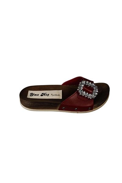 Yaz Kış Ayakkabı Yazkiş Women's Black Beige Red Single Stone Buckle Cork Sole Slippers