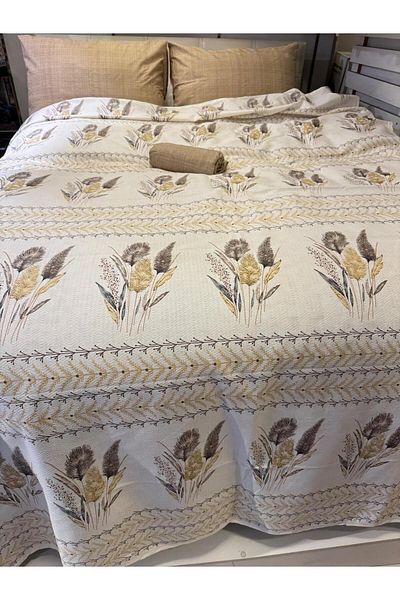 ŞENER HOME Ekin Patterned Sheet Elastic Double Pique Set - Brown
