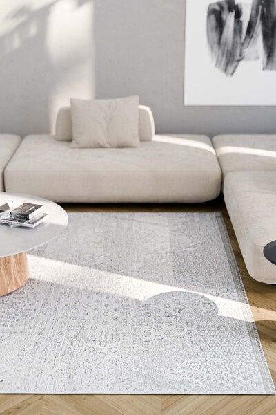 Oriente Home Abstract Patterned Washable Non-Slip Base Chenille Gray Living Room Carpet 8309