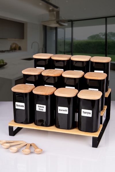 Lizzy 250 ml Vacuumed Set of 12 Black Acrylic with Bamboo Wooden Lid - Tag Gift