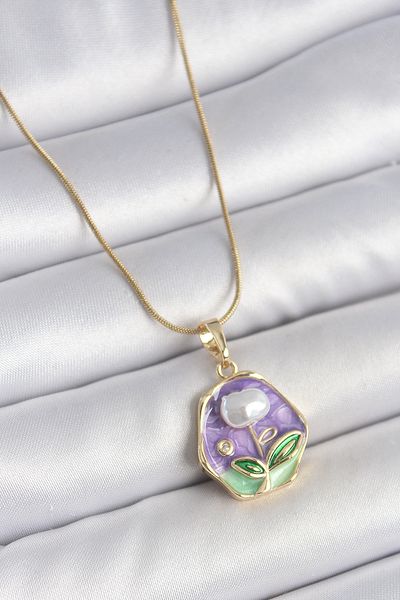 BESKAR 316L Steel Gold Color Chain Purple Flower Embroidered Pearl Detail Portrait Model Women's Necklace