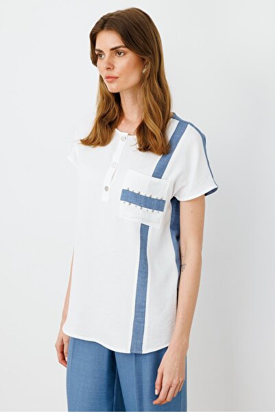 Moda İlgi Modailgi İşleme Detaylı Sıfır Yaka Bluz Ekru/İndigo