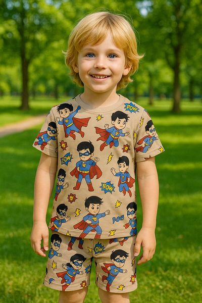 Yalçınoğlu Kids Boy's Suit I Πολύχρωμο, ζωηρό εμπριμέ βαμβακερό μπλουζάκι I Άνετο κοντομάνικο καλοκαιρινό μπλουζάκι & σορτς I
