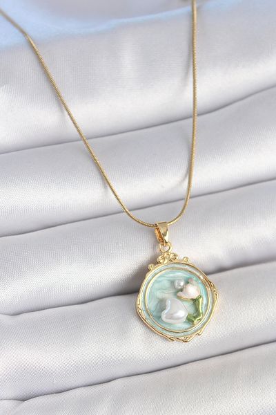 BESKAR 316L Steel Gold Color Chain Turquoise Enamel Pearl Flower Embroidered Portrait Model Women's Necklace