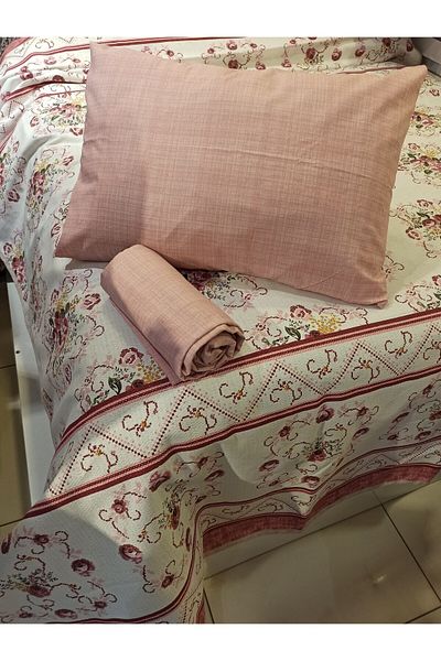 ŞENER HOME Bouquet Patterned Sheet Elastic Single Pique Set - Salmon