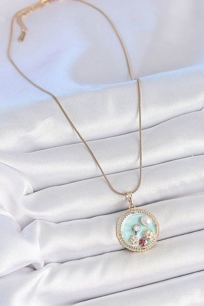 BESKAR 316L Steel Gold Color Chain Blue Enamel Pearl Flower Embroidered Zircon Stone Detailed Medalion Model K