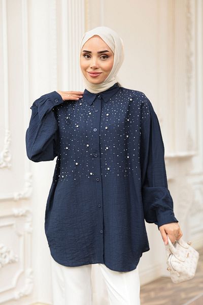 LOCCO Women's Stone Detailed Shirt Navy Blue