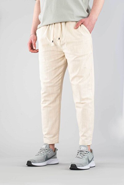 bombe Men's Jogger Linen Pants Elastic Waist Drawstring Cotton Casual Boyfriend Pants Beige