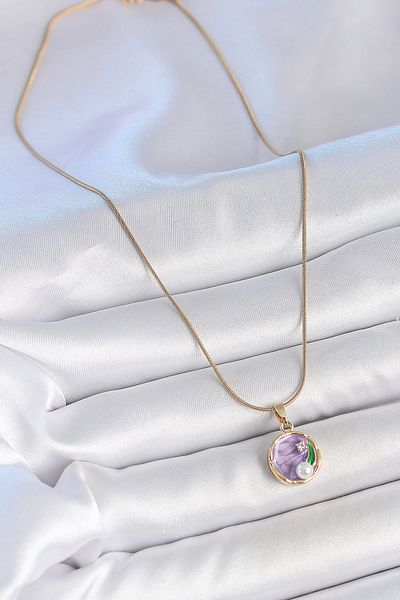 BESKAR 316L Steel Gold Color Chain Purple Flower Embroidered Zircon Stone Pearl Detailed Minimal Portrait Model Kad