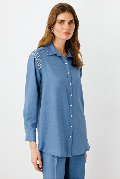 Moda İlgi Modailgi Omuzları İşlemeli Rahat Kesim Gömlek İndigo