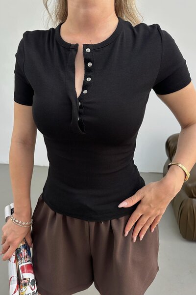 mylove Short Sleeve Crew Neck Buttoned Blouse Black