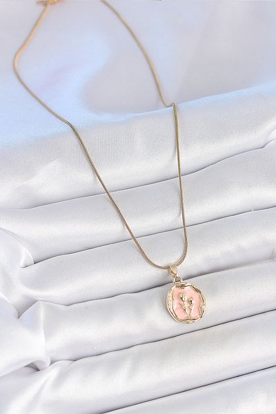 BESKAR 316L Steel Gold Color Chain Pink Enamel Flower Embroidered Portrait Model Women's Necklace