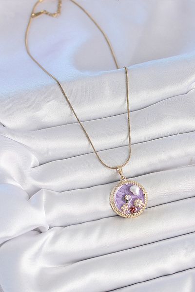 BESKAR 316L Steel Gold Color Chain Purple Enamel Pearl Flower Embroidered Medallion Model Women's Necklace