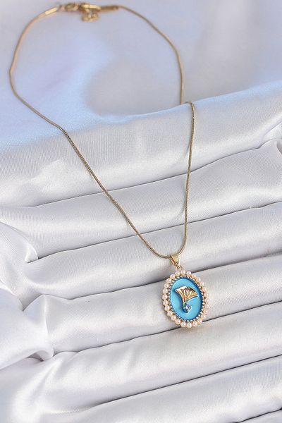 BESKAR 316L Steel Gold Color Chain Blue Enamel Pearl Zircon Stone Flower Embroidered Portrait Model Women K