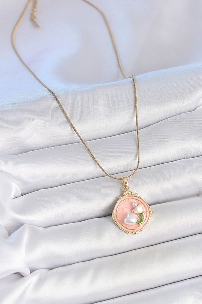 BESKAR 316L Steel Gold Color Chain Pink Enamel Pearl Flower Embroidered Portrait Model Women's Necklace