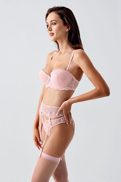 C&City Push up Lace String Bra Set with Stockings and Garter C14169 Powder