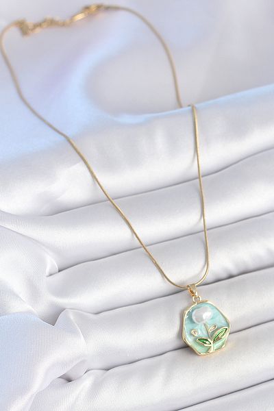 BESKAR 316L Steel Gold Color Chain Blue Flower Embroidered Pearl Embroidered Portrait Model Women's Necklace