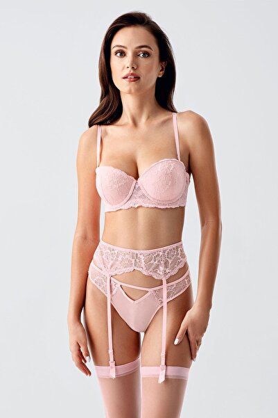 C&City Set sutien cu bretele din frânghie cu volan Push Up cu jartieră pentru ciorapi C14169 Pudra