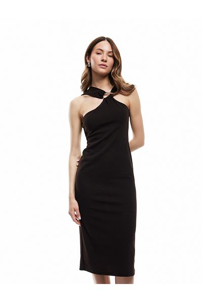 Koton Φόρεμα Crepe Scuba Fabric Asymmetric Collar Midi One Shoulder φόρεμα με λεπτομέρεια αξεσουάρ παραθύρου