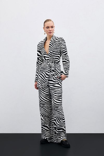 Sateen Loose Zebra Pattern Trousers - Black