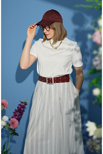 Fatma Atasoy Çizgili Pileli Gri Etek