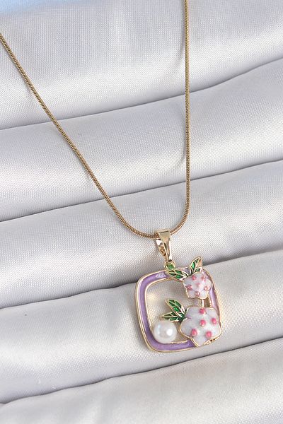 BESKAR 316L Steel Gold Color Chain Purple Enamel Square Model Flower Embroidered Pearl Detail Women's Necklace