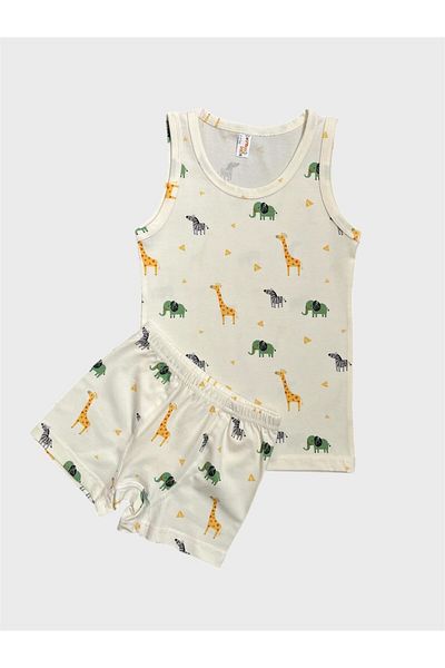 elmas kids Boy's Cotton Ecru Color Safari Giraffe Patterned Athlete Boxer Set