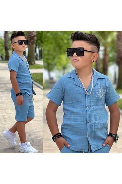 yns coolstar Muslin Fabric 100% Cotton Embroidered Shirt and Shorts Unisex 2-Piece Set