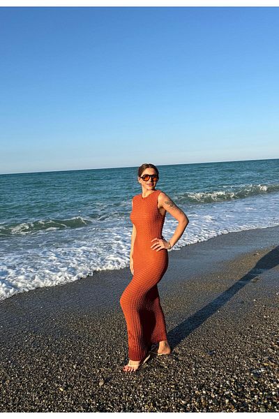 Daves Textured Fabric Fitted/Close-Fitting Moon Sleeve Stretchy Knitted Midi Pencil Dress-Tile