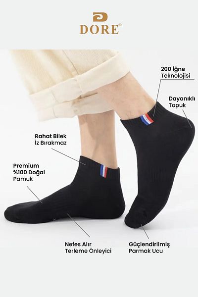 Dore Γνήσιο Unisex 3 ζεύγη Premium Sport Απορροφητικό ιδρώτα Αναπνεύσιμο βαμβακερό κοντό μποτάκι Αθλητικές κάλτσες - Μαύρες