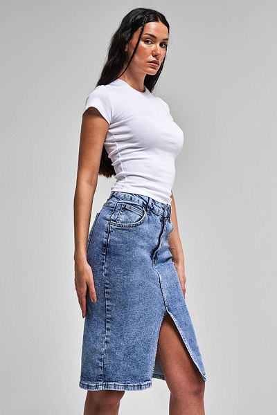 its basic Fusta de damă din denim de culoare midi, cu talie înaltă, cu fantă