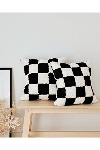 Hestia Home Teddy Kırlent Kılıfı Damalı Yastık Kılıfı Siyah