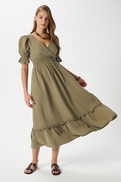 Ritnice Women's Hailey Cotton Muslin Khaki Waist Elastic Dress