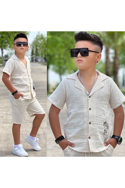 yns coolstar Muslin Fabric 100% Cotton Embroidered Shirt and Shorts Unisex 2-Piece Set
