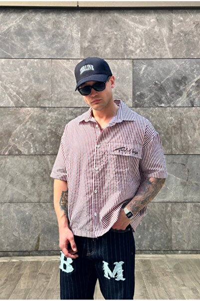 serline Premium Oversize Çizgili Nakışlı Gömlek