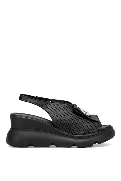 Ayakkabı Fuarı Elit Zeyn 8067 Women's Genuine Leather Wedge Heel Sandals Black