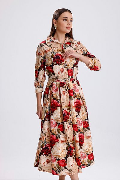 Sense Buttoned Front Long Dress with Big Roses |   Elb36267 Big Rose