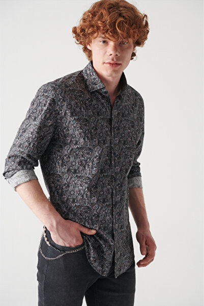 Avva Pánská košile z 100% bavlny s abstraktním vzorem v antracitové barvě A22Y2004