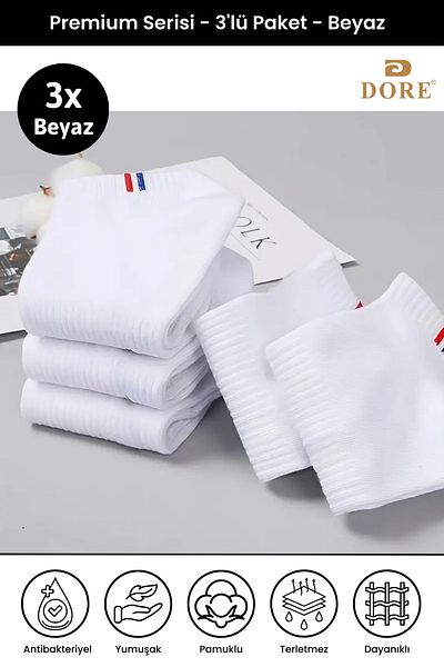 Dore Γνήσια Unisex 3 Pairs Premium Sport Sweat Absorbing Breathable Cotton Short Booties Αθλητικές κάλτσες - Λευκές