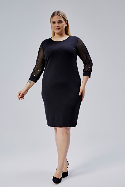 Curvy Trend Plus Size Pearl Detail Tulle Sleeve Stretchy Crepe Dress