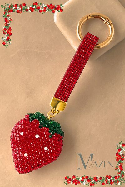 MAZEN "Red Strawberry Stone Keychain – Sparkling Women's Bag Accessory, Cute and Stylish Design"