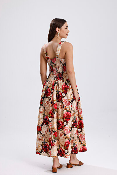 Sense Button Front Floral Long Dress with Waist Belt | Elb36268 Big Rose