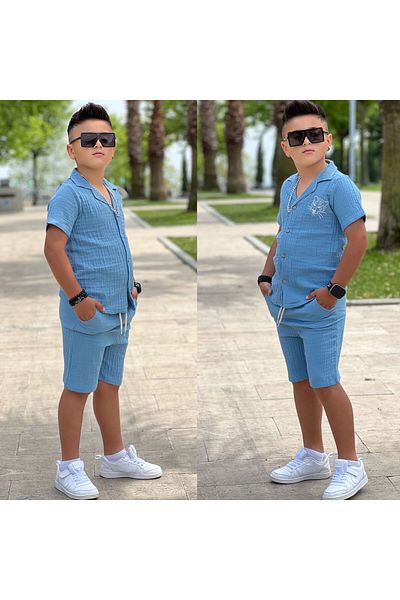 yns coolstar Muslin Fabric 100% Cotton Embroidered Shirt and Shorts Unisex 2-Piece Set