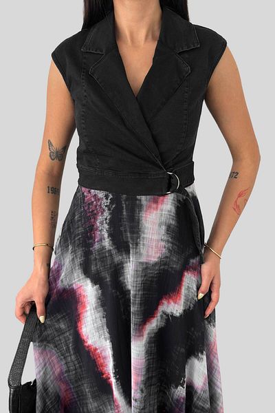 Moda Amore Chiffon Detailed Midi Length Women's Denim Dress 038