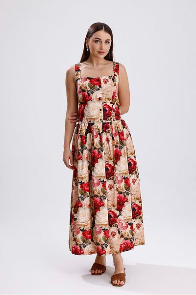Sense Rochie lungă florală cu nasturi în față cu centură în talie |   ELB36268 Trandafir mare