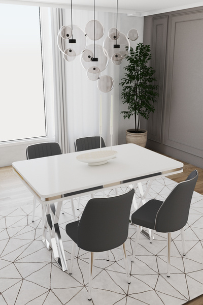 DEREN HOME Val Gümüş Serisi 80x130 MDF Masa 4 Adet Metal Ayaklı Silinebilir K...