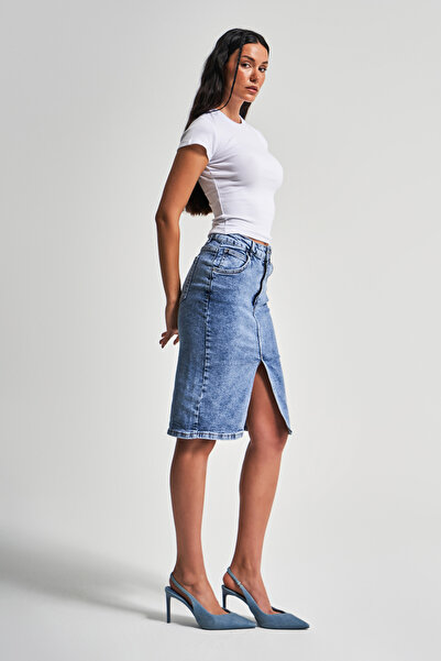 its basic Kadın Snow Kot Rengi Erica Midi Boy Yüksek Bel Yırtmaçlı Jean Etek